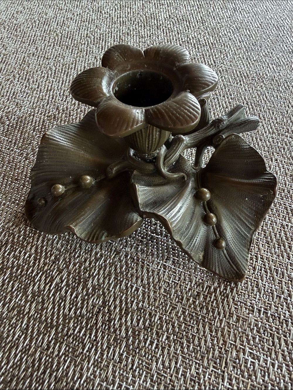 Vintage Art Nouveau Bronze Botanical Candlestick Flower w/Leaves Solid Heavy